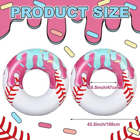 2 Pcs Ice Cream Drip Baseball Pool Floats 42.5 Inch Inflatable Swim Rings Summer Beach Pool Toys for Adult Ice Cream Baseball Party Themed Birthday Bridal Shower Party Supplies in Kuwait