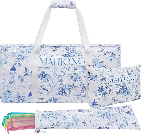 American Mahjong Bag Set, 3-Piece Portable Travel Tote Bag for Mahjong Tiles & Push Racks, Empty Canvas Mahjong Bags with Padded Handle, 23.6 x 3.5 x 11.8 Inches (Blue Floral, Empty Bags Only) in Kuwait