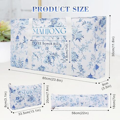 American Mahjong Bag Set, 3-Piece Portable Travel Tote Bag for Mahjong Tiles & Push Racks, Empty Canvas Mahjong Bags with Padded Handle, 23.6 x 3.5 x 11.8 Inches (Blue Floral, Empty Bags Only) in Kuwait