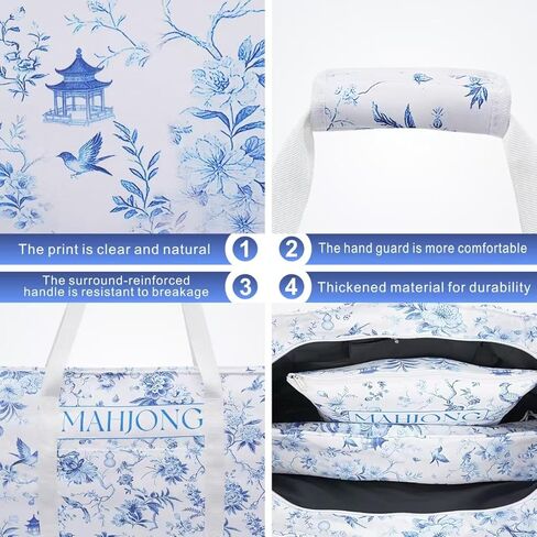 American Mahjong Bag Set, 3-Piece Portable Travel Tote Bag for Mahjong Tiles & Push Racks, Empty Canvas Mahjong Bags with Padded Handle, 23.6 x 3.5 x 11.8 Inches (Blue Floral, Empty Bags Only) in Kuwait