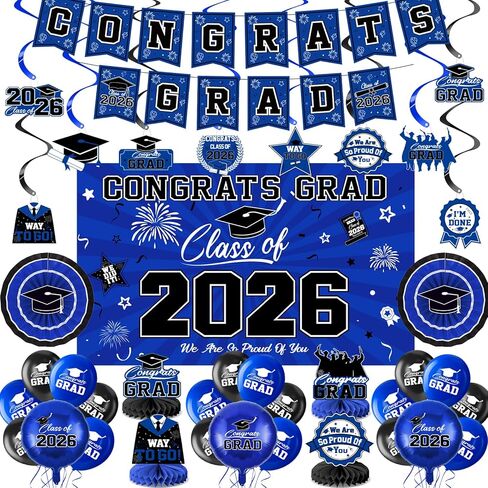 2024 Blue and Gold Graduation Party Decorations-Graduation Decorations Class of 2024 Party Supplies Set-Graduation Backdrop, Banner, Porch Sign, Balloons, Foil Fringe Curtains for Congrats Grad Party in Saudi Arabia