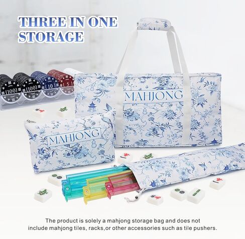 American Mahjong Bag Set, 3-Piece Portable Travel Tote Bag for Mahjong Tiles & Push Racks, Empty Canvas Mahjong Bags with Padded Handle, 23.6 x 3.5 x 11.8 Inches (Blue Floral, Empty Bags Only) in Kuwait