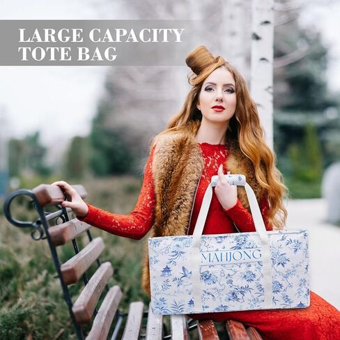 American Mahjong Bag Set, 3-Piece Portable Travel Tote Bag for Mahjong Tiles & Push Racks, Empty Canvas Mahjong Bags with Padded Handle, 23.6 x 3.5 x 11.8 Inches (Blue Floral, Empty Bags Only) in Kuwait