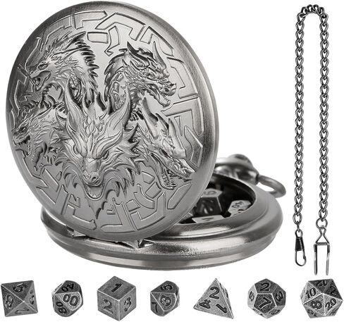 GEAoffice DND Dice Set with Vintage Dragon Pocket Watch Case, Solid Metal Tiny Dice for Tabletop Role Playing Games, Fantasy RPG Gaming & Math Games, Unique DND Gift for Men/Women in Saudi Arabia