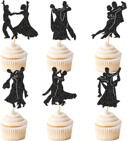 Ercadio 30pcs بريق أسود الجاز الرقص كب كيك توبر موسيقى الجاز كب كيك يختار راقصة صورة ظلية كعكة يختار لجازي عيد ميلاد كب كيك الزينة موسيقى البوب ​​الرقص الذكرى السنوية لوازم الحفلات in Kuwait