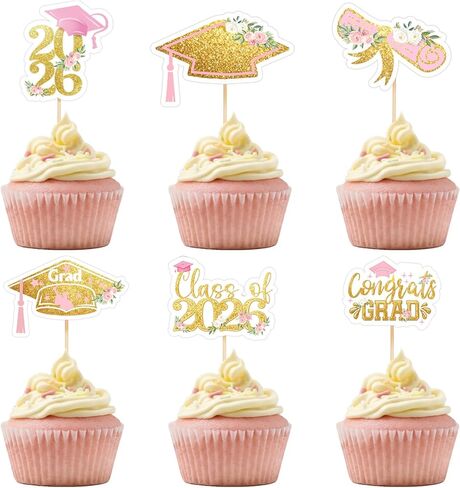 Sliner 60 Pcs 2026 Pink Gold Floral Graduation Cupcake Toppers Glitter Class of 2026 Cupcake Toppers Adjustable Congrats Grad Cap Diploma Cup cake Picks for Graduation Theme Party Cake Supplies in Kuwait