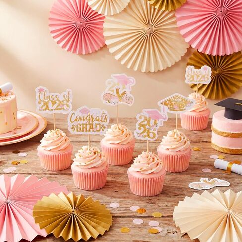 Sliner 60 Pcs 2026 Pink Gold Floral Graduation Cupcake Toppers Glitter Class of 2026 Cupcake Toppers Adjustable Congrats Grad Cap Diploma Cup cake Picks for Graduation Theme Party Cake Supplies in Kuwait