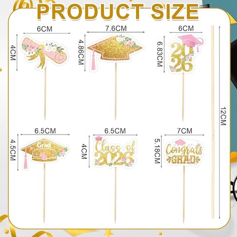 Sliner 60 Pcs 2026 Pink Gold Floral Graduation Cupcake Toppers Glitter Class of 2026 Cupcake Toppers Adjustable Congrats Grad Cap Diploma Cup cake Picks for Graduation Theme Party Cake Supplies in Kuwait