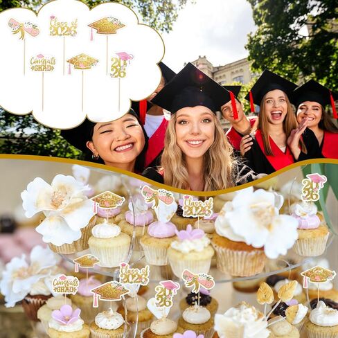 Sliner 60 Pcs 2026 Pink Gold Floral Graduation Cupcake Toppers Glitter Class of 2026 Cupcake Toppers Adjustable Congrats Grad Cap Diploma Cup cake Picks for Graduation Theme Party Cake Supplies in Kuwait