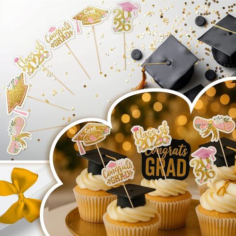 Sliner 60 Pcs 2026 Pink Gold Floral Graduation Cupcake Toppers Glitter Class of 2026 Cupcake Toppers Adjustable Congrats Grad Cap Diploma Cup cake Picks for Graduation Theme Party Cake Supplies in Kuwait
