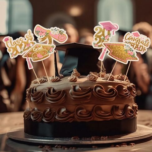 Sliner 60 Pcs 2026 Pink Gold Floral Graduation Cupcake Toppers Glitter Class of 2026 Cupcake Toppers Adjustable Congrats Grad Cap Diploma Cup cake Picks for Graduation Theme Party Cake Supplies in Kuwait
