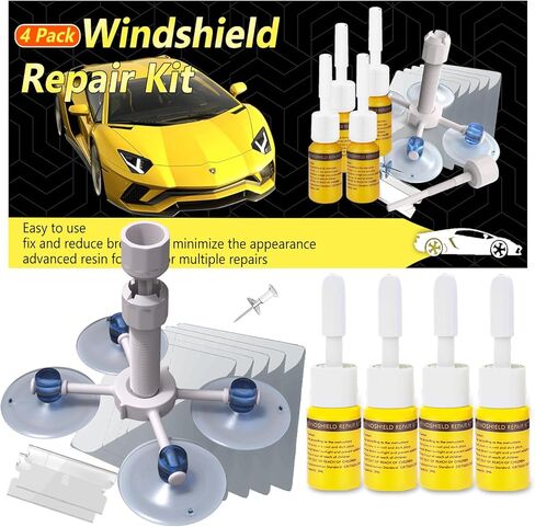CLAMPER Windshield Crack Repair Kit, Windshield Repair Kit for Chips and Cracks, 4 Pcs Car Glass Repair Kit, Cracks Gone Glass Repair Kit Automotive Quick Fix for Chips, Cracks, Bullseyes (Yellow) in Kuwait