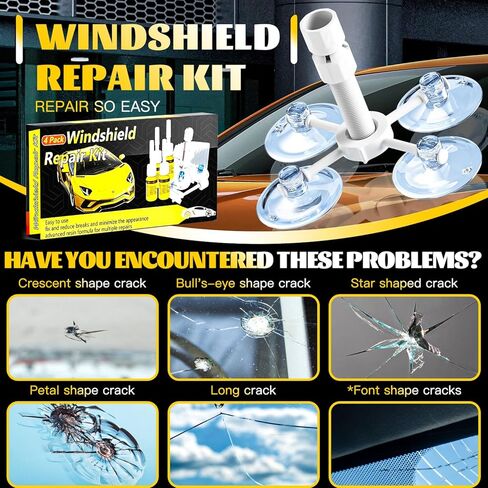 CLAMPER Windshield Crack Repair Kit, Windshield Repair Kit for Chips and Cracks, 4 Pcs Car Glass Repair Kit, Cracks Gone Glass Repair Kit Automotive Quick Fix for Chips, Cracks, Bullseyes (Yellow) in Kuwait