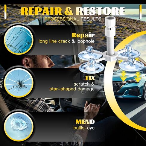 CLAMPER Windshield Crack Repair Kit, Windshield Repair Kit for Chips and Cracks, 4 Pcs Car Glass Repair Kit, Cracks Gone Glass Repair Kit Automotive Quick Fix for Chips, Cracks, Bullseyes (Yellow) in Kuwait