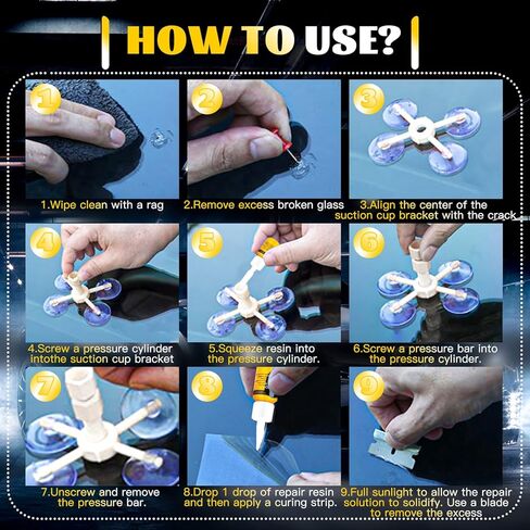 CLAMPER Windshield Crack Repair Kit, Windshield Repair Kit for Chips and Cracks, 4 Pcs Car Glass Repair Kit, Cracks Gone Glass Repair Kit Automotive Quick Fix for Chips, Cracks, Bullseyes (Yellow) in Kuwait