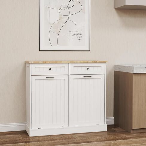 Two Drawers and Two-Compartment Tilt-Out Trash Cabinet Kitchen Trash Cabinet-White in Kuwait