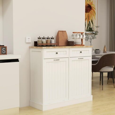 Two Drawers and Two-Compartment Tilt-Out Trash Cabinet Kitchen Trash Cabinet-White in Kuwait