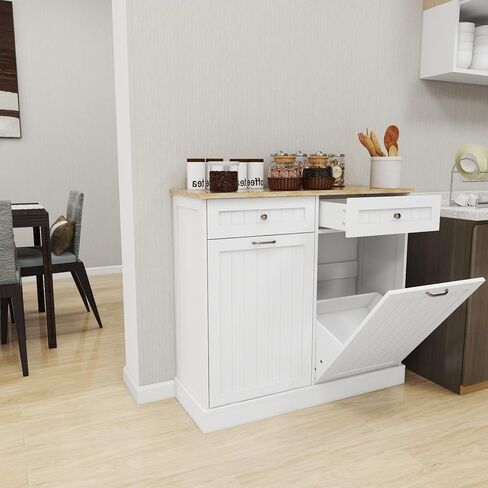 Two Drawers and Two-Compartment Tilt-Out Trash Cabinet Kitchen Trash Cabinet-White in Kuwait