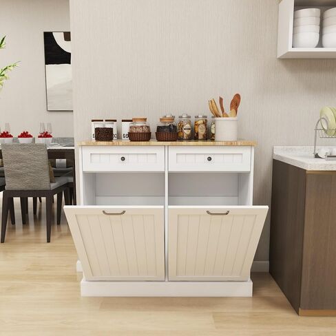Two Drawers and Two-Compartment Tilt-Out Trash Cabinet Kitchen Trash Cabinet-White in Kuwait