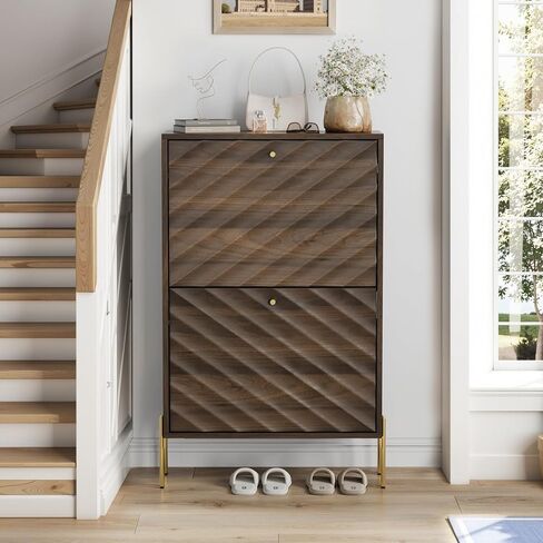 23.6 Inch Walnut Shoe Cabinet, Mid-Century Modern freestanding Shoe Cabinet, Freestanding Organizer with Metal Legs, Suitable for Entry, Hallway and Entryway in Kuwait