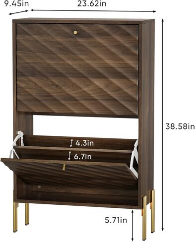 23.6 Inch Walnut Shoe Cabinet, Mid-Century Modern freestanding Shoe Cabinet, Freestanding Organizer with Metal Legs, Suitable for Entry, Hallway and Entryway in Kuwait