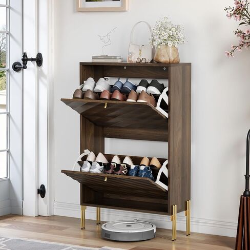 23.6 Inch Walnut Shoe Cabinet, Mid-Century Modern freestanding Shoe Cabinet, Freestanding Organizer with Metal Legs, Suitable for Entry, Hallway and Entryway in Kuwait