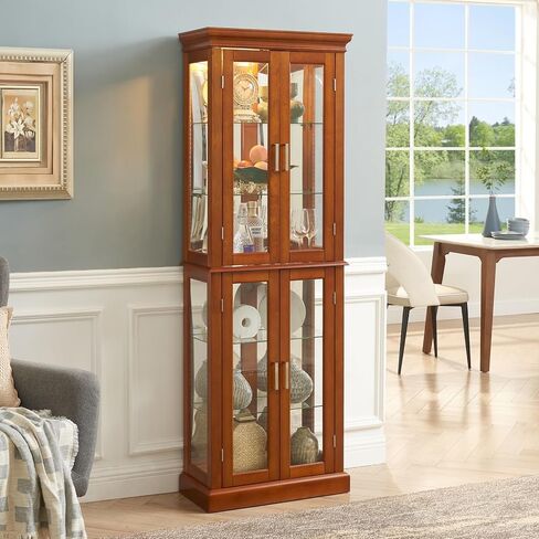 Curio Cabinet Lighted Curio Diapaly Cabinet with Adjustable Shelves and Mirrored Back Panel, Tempered Glass Doors (Walnut, 6 Tier), (E26 Light Bulb not Included) in Kuwait