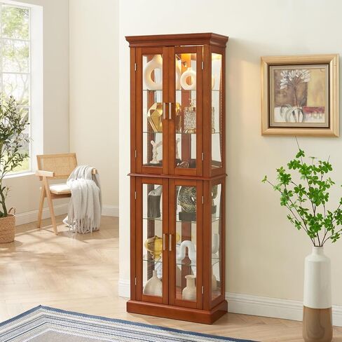 Curio Cabinet Lighted Curio Diapaly Cabinet with Adjustable Shelves and Mirrored Back Panel, Tempered Glass Doors (Walnut, 6 Tier), (E26 Light Bulb not Included) in Kuwait