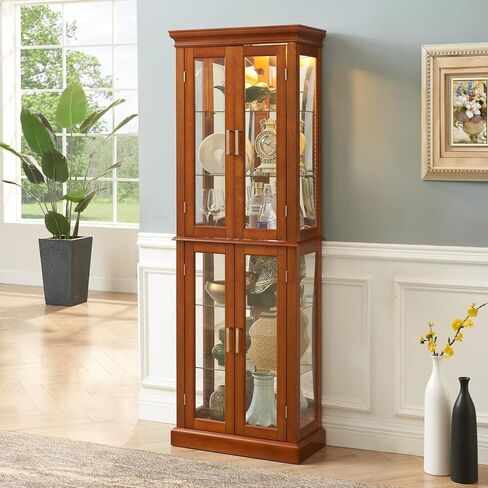Curio Cabinet Lighted Curio Diapaly Cabinet with Adjustable Shelves and Mirrored Back Panel, Tempered Glass Doors (Walnut, 6 Tier), (E26 Light Bulb not Included) in Kuwait