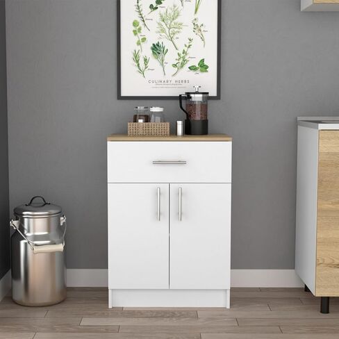 Pantry Organizer Cabinet 33" H, One Drawer, Two Interior Shelves, Two Doors, White/Light Oak in Kuwait