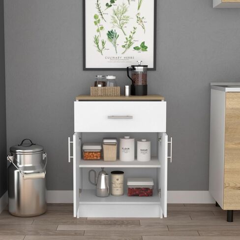 Pantry Organizer Cabinet 33" H, One Drawer, Two Interior Shelves, Two Doors, White/Light Oak in Kuwait