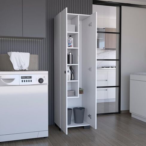 Broom Cabinet Double-Door Design with Inner Shelves and Side Hangers, White in Kuwait