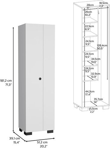 Broom Cabinet Double-Door Design with Inner Shelves and Side Hangers, White in Kuwait