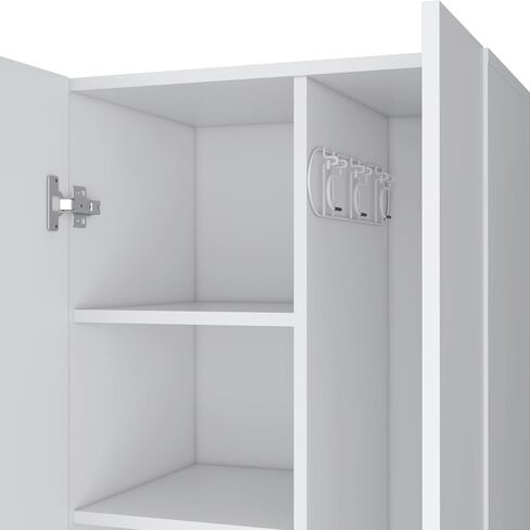 Broom Cabinet Double-Door Design with Inner Shelves and Side Hangers, White in Kuwait