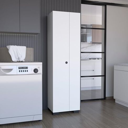 Broom Cabinet Double-Door Design with Inner Shelves and Side Hangers, White in Kuwait