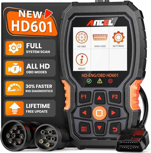 ANCEL New HD601 ماسح ضوئي للشاحنات الثقيلة، أداة مسح تشخيصية للنظام الكامل للديزل تناسب الكمون، ديترويت، فولفو، باكار وكاتربيلر، 2 في 1 HDOBD وقارئ رموز Obd2 للمركبات التجارية والسيارات in Kuwait