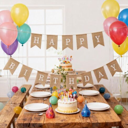 Swallowtail Flag Burlap Happy Birthday Banner ，Birthday Party Decoration Banner ，Black and White Fonts Optional .(White) in Saudi Arabia