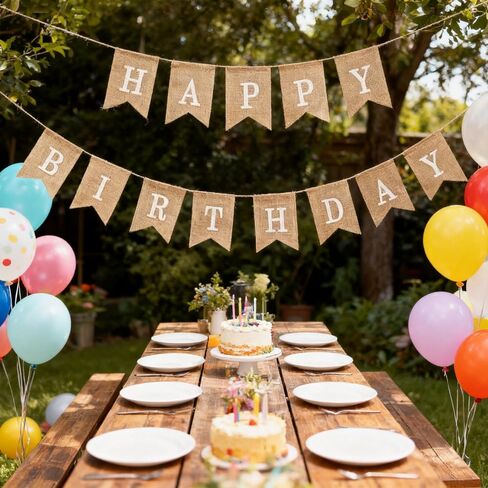 Swallowtail Flag Burlap Happy Birthday Banner ，Birthday Party Decoration Banner ，Black and White Fonts Optional .(White) in Saudi Arabia