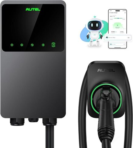 شاحن Autel Level 2 EV يصل إلى 50 أمبير، 240 فولت، محطة شحن سيارة داخلية/خارجية مع موصل J1772، واي فاي وبلوتوث، EVSE، سلك صلب، كابل 25 قدم مع حافظة منفصلة، ​​رمادي داكن in Kuwait