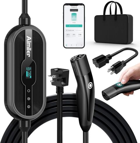 AIMILER Level 1/2 Tesla Charger, 16A, 25ft Cable ETL Certified, 240V NEMA 6-20P Plug & 110V 5-15P Adapter Cable, Portable Electric Car EV Charger for Tesla Models Y/X/3/S or Other Nacs EVs (Black) in Kuwait
