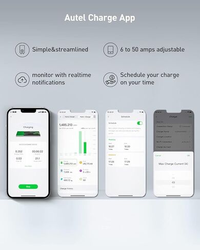 شاحن Autel Level 2 EV يصل إلى 50 أمبير، 240 فولت، محطة شحن سيارة داخلية/خارجية مع موصل J1772، واي فاي وبلوتوث، EVSE، سلك صلب، كابل 25 قدم مع حافظة منفصلة، ​​رمادي داكن in Kuwait