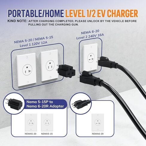 AIMILER Level 1/2 Tesla Charger, 16A, 25ft Cable ETL Certified, 240V NEMA 6-20P Plug & 110V 5-15P Adapter Cable, Portable Electric Car EV Charger for Tesla Models Y/X/3/S or Other Nacs EVs (Black) in Kuwait