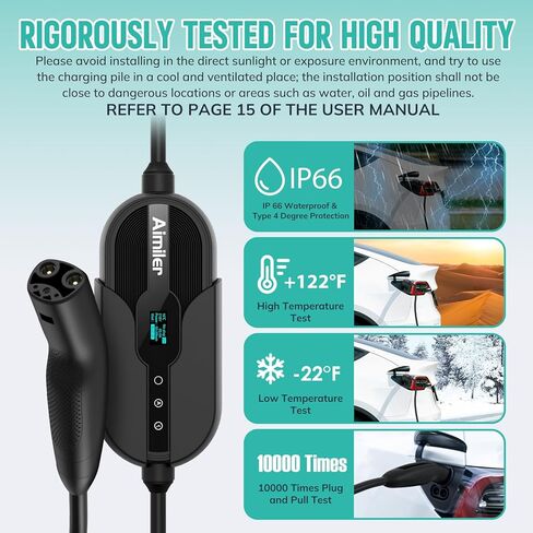 AIMILER Level 1/2 Tesla Charger, 16A, 25ft Cable ETL Certified, 240V NEMA 6-20P Plug & 110V 5-15P Adapter Cable, Portable Electric Car EV Charger for Tesla Models Y/X/3/S or Other Nacs EVs (Black) in Kuwait