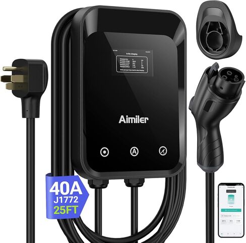 AIMILER Level 2 Electric Vehicle (EV) Charger(WiFi APP/Plug-Play), 48A, 25ft Cable ETL Certified, 240V Hardwire(No Plug) & J1772 Connector EVSE EV Electric Car Charging Stations for Home Level 2 (48) in Kuwait