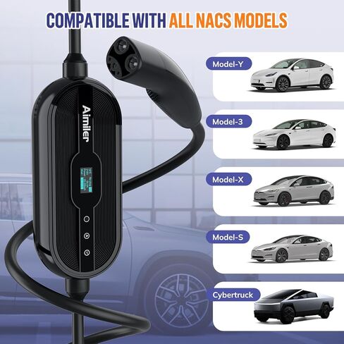 AIMILER Level 1/2 Tesla Charger, 16A, 25ft Cable ETL Certified, 240V NEMA 6-20P Plug & 110V 5-15P Adapter Cable, Portable Electric Car EV Charger for Tesla Models Y/X/3/S or Other Nacs EVs (Black) in Kuwait