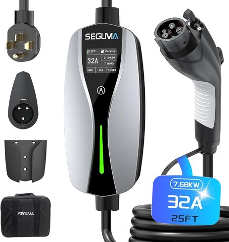 SEGUMA Level 2 EV Charger (32Amp, 220V-240V, NEMA 14-50 Plug), 25ft UL Listed Cable, with Adjustable Current, Portable Home Travel Electric Vehicle Charging Station EVSE SAE J1772 EV Car Charger in Kuwait