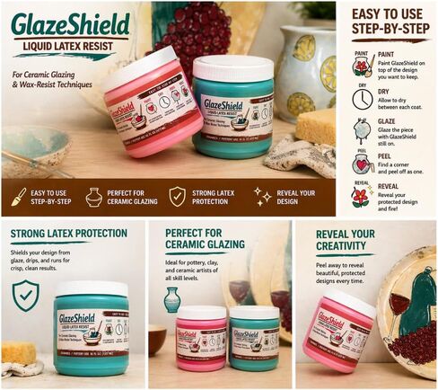 GlazeShield Liquid Latex Resist for Ceramics & Pottery – Peelable Glaze Resist, Wax Resist Alternative, Clean Lines, Easy Peel Application (16 oz Green) in Kuwait