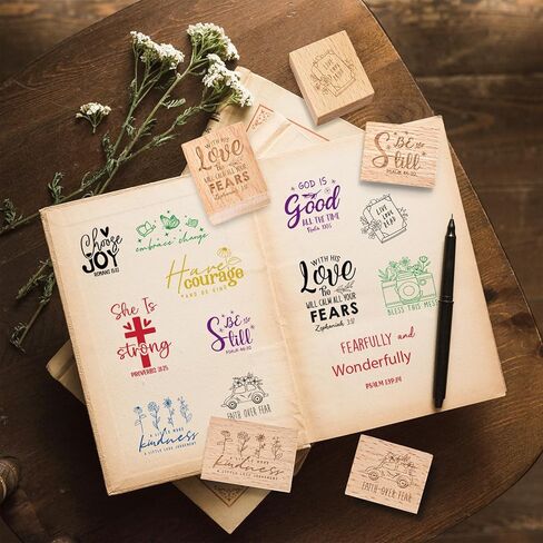 JarThenaAMCS 12Pcs Christian Bible Verse Wooden Rubber Stamps God is Good DIY Craft Stamps for Church Sunday School Party Decor Scrapbooking Card Making Supplies in Kuwait