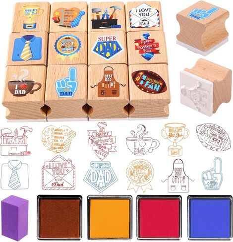 HOWAF Father’s Day Stamps Crafts, 12 Wooden Stamps Ink Pads Set Fathers Day Party DIY Painting I Love Dad Craft Gifts Activities, Best Dad Ever Rubber Stamper, Dad’s Day Tie Inking Stamp in Kuwait