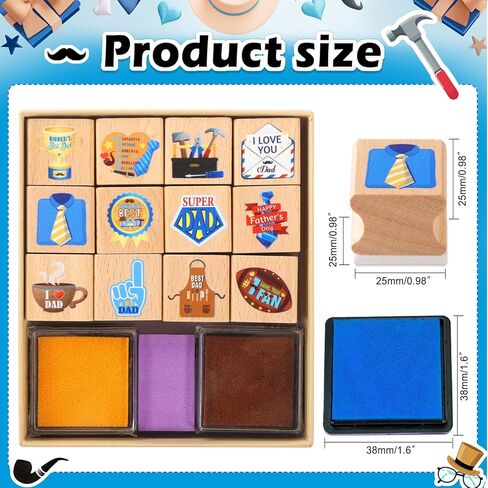 HOWAF Father’s Day Stamps Crafts, 12 Wooden Stamps Ink Pads Set Fathers Day Party DIY Painting I Love Dad Craft Gifts Activities, Best Dad Ever Rubber Stamper, Dad’s Day Tie Inking Stamp in Kuwait